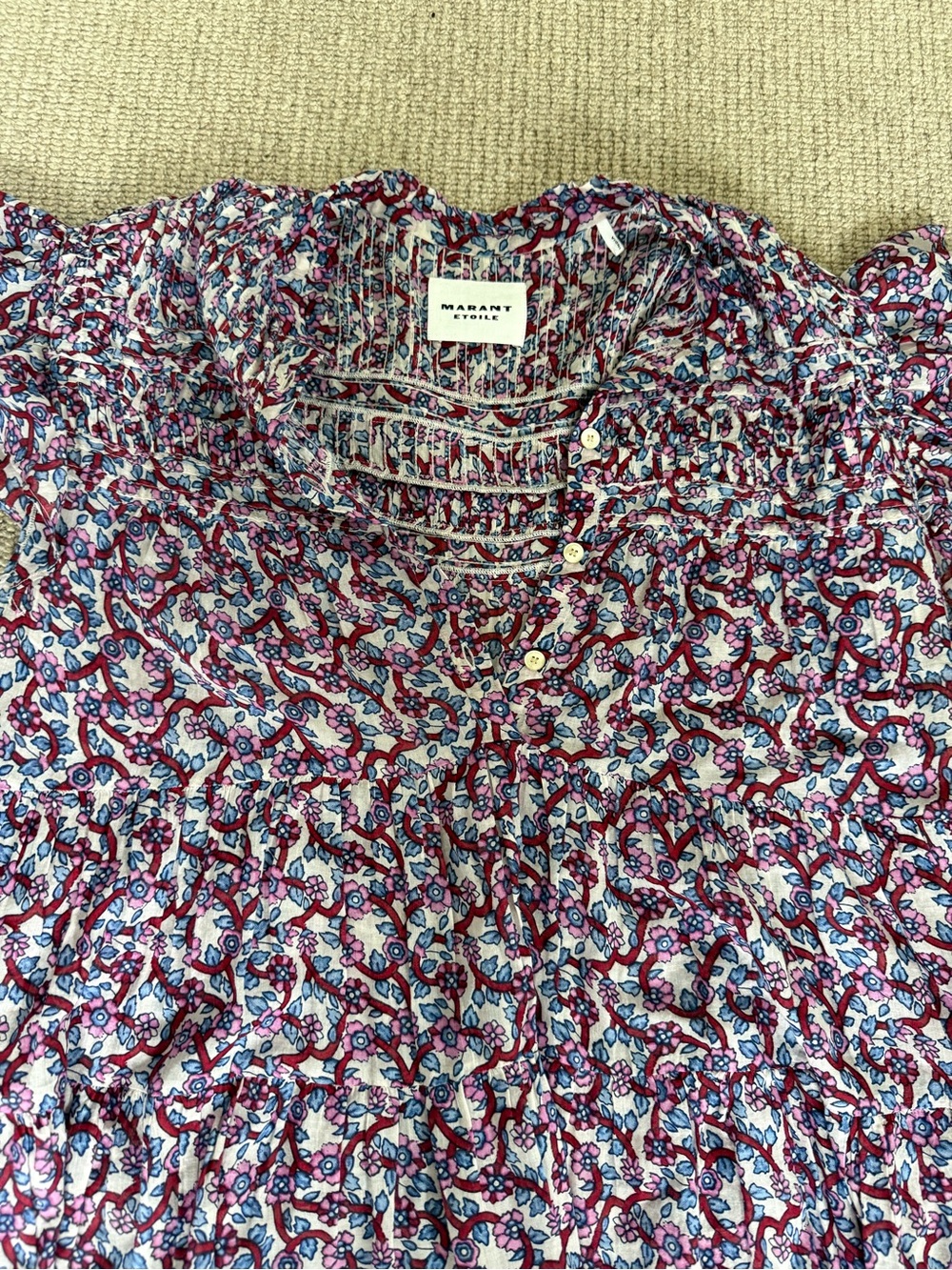 Isabel Marant Floral Ruffled Button-Front Dress in Pink and Blue